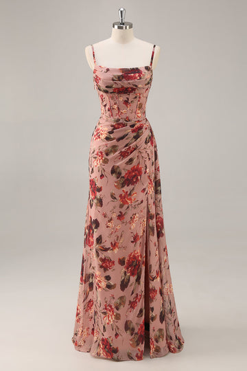 Dusty Rose  Ruched Floral Corset Long Bridesmaid Dress with Slit